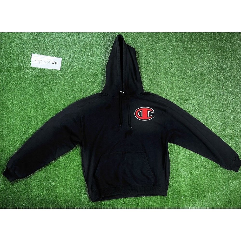 Champion Stitched Hoodie Red Big C Logo Sweater Fleece Pullover Black Size Xl